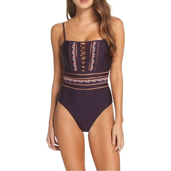 Becca In The Mix Floral Lattice One Piece Swimsuit Small - Picture 1 of 9